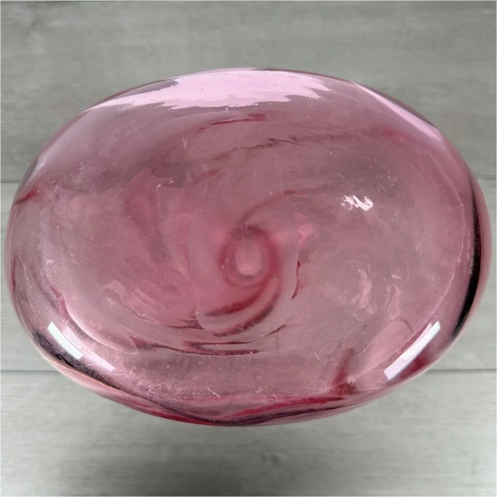 Vtg  MCM Hand Blown Glass Vase Cranberry Pink Swirl Optic 9.5